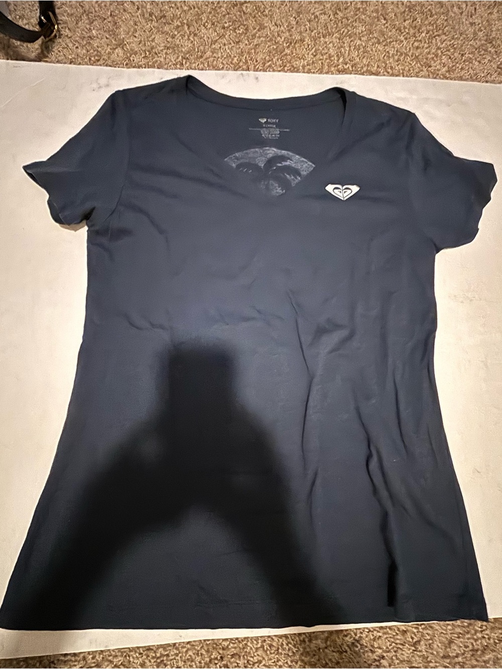 Roxy Women's Navy V-Neck Logo Tee with White Emblem